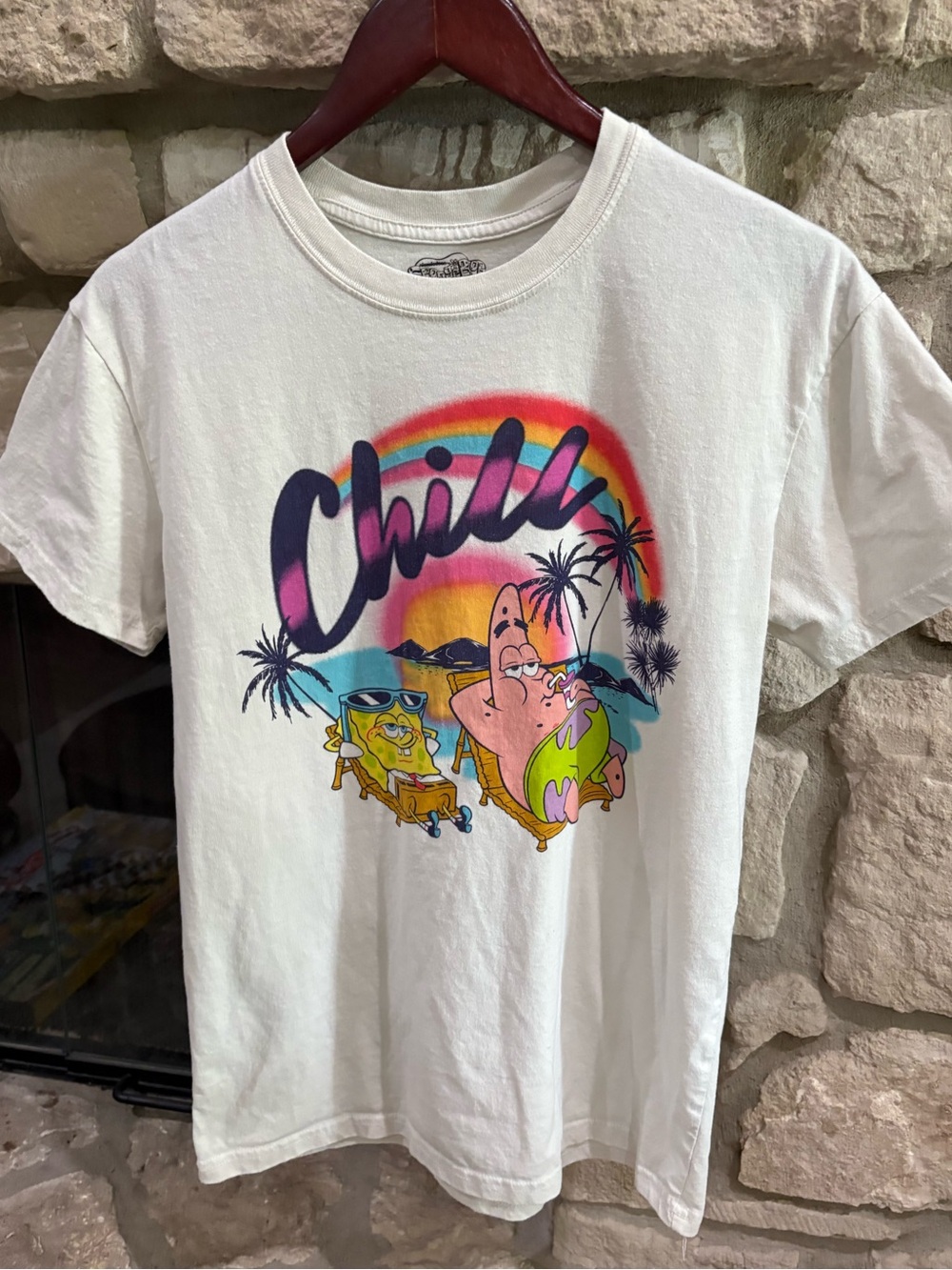 SpongeBob Squarepants White Tee with Colorful 'Chill' Beach Graphic